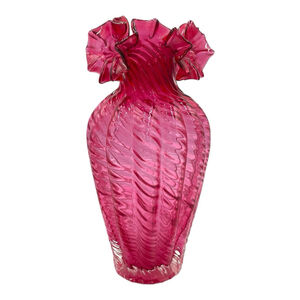 Vintage Fenton Cranberry Glass Optic Swirl Ruffled Rim Vase Double Crimped 11"